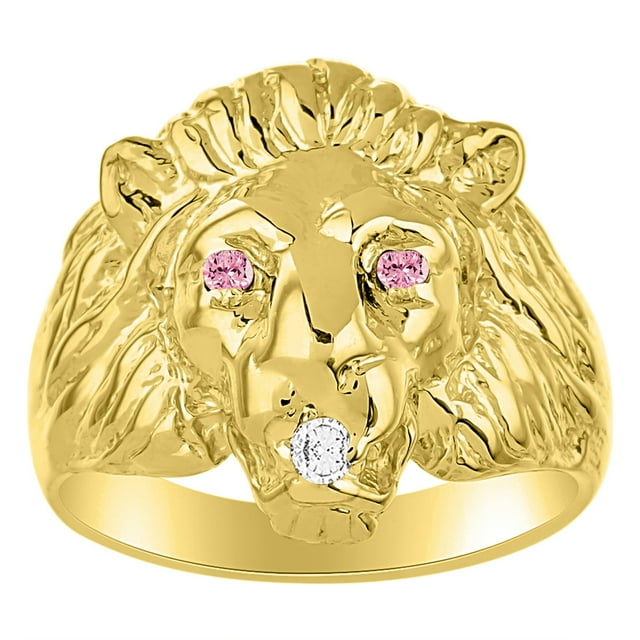 RYLOS Lion Head Ring with Gemstone Eyes & Diamond Mouth – Fun Designer Rings in Yellow Gold Plated Silver Pink Ice Size 6