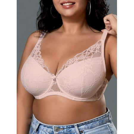 LJVOGUES Women s Lace Sheer Bras Plus Size Full Coverage Sexy Plunge Underwire Bra for Heavy Breast