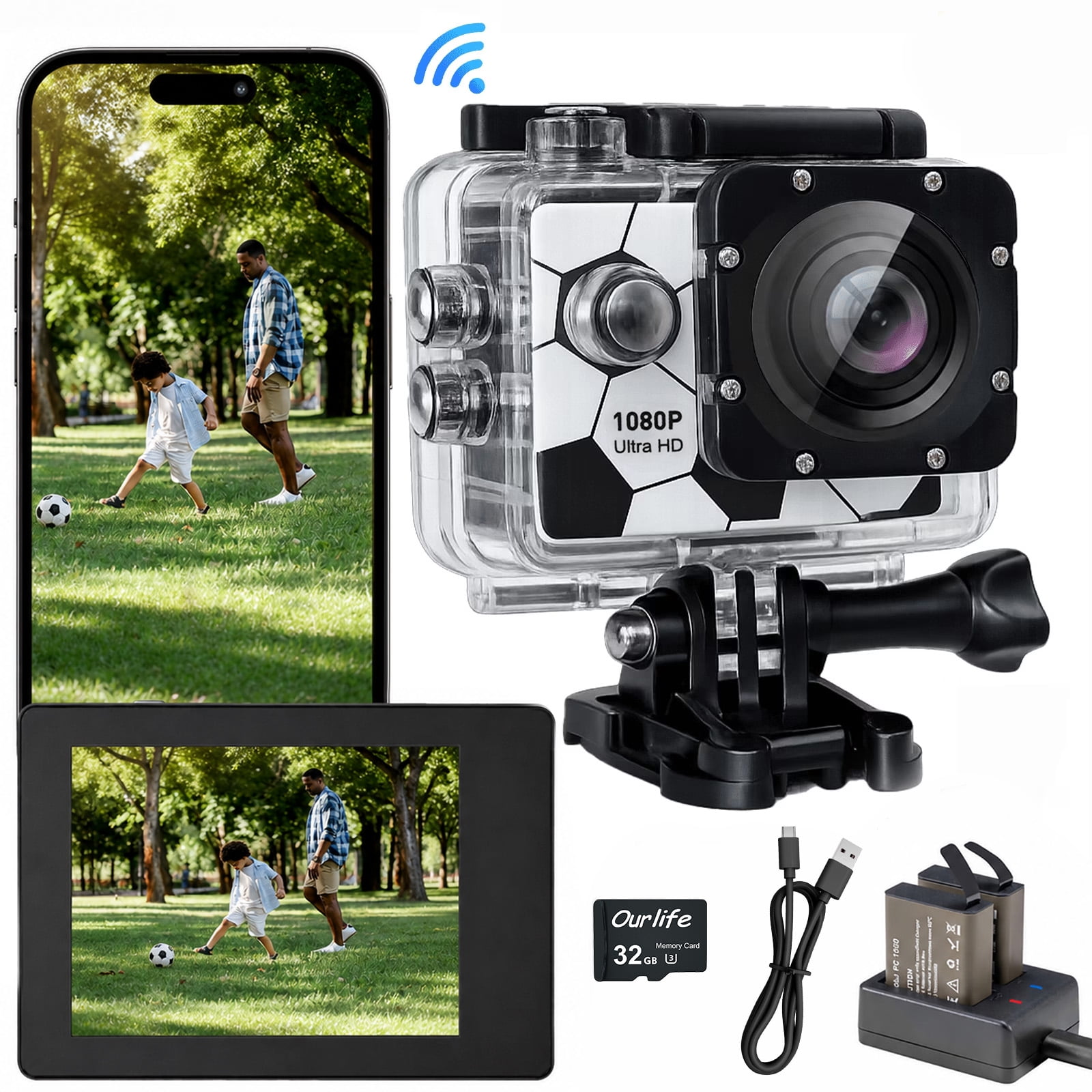 Ourlife 1080P Action Camera, Creative Football Pattern Sports Video Camcorder, WiFi 100FT Waterproof Underwater Web Camera with Mounting Accessories(32G)