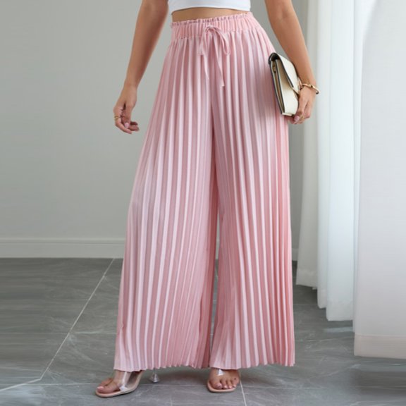Pounoo Women's Pants Elastic Waist Knit Pants Summer Vacation Style Lightweight Breathable Pleated Wide Leg Drawstring Waist Solid Color Pants Gift