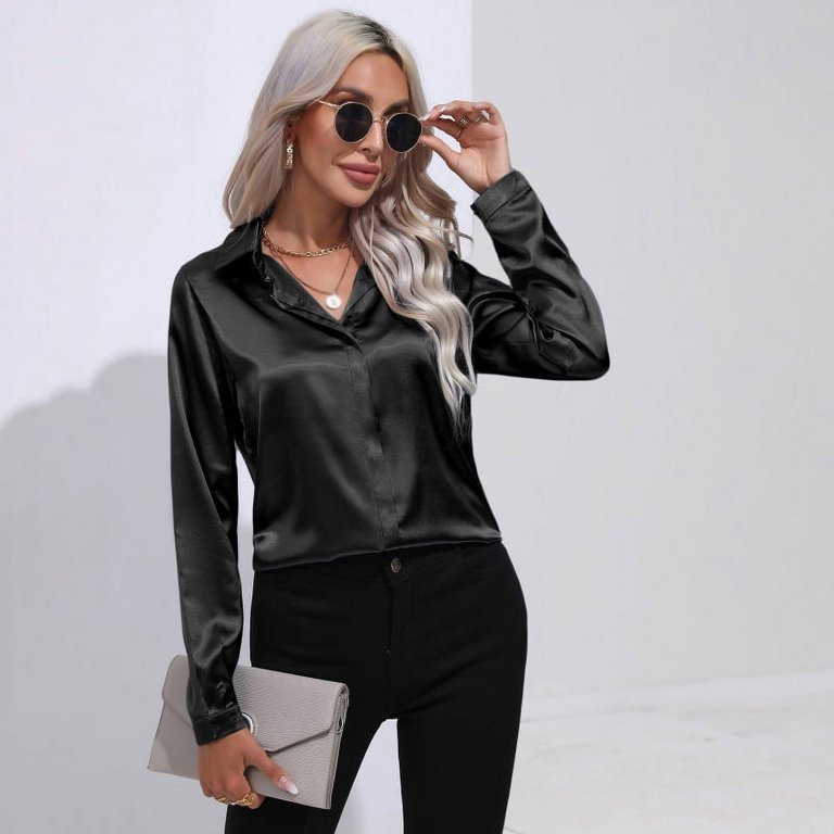 Women's Satin Blouse – Long Sleeve Business Shirt, Elegant Office Top With Hanging Collar