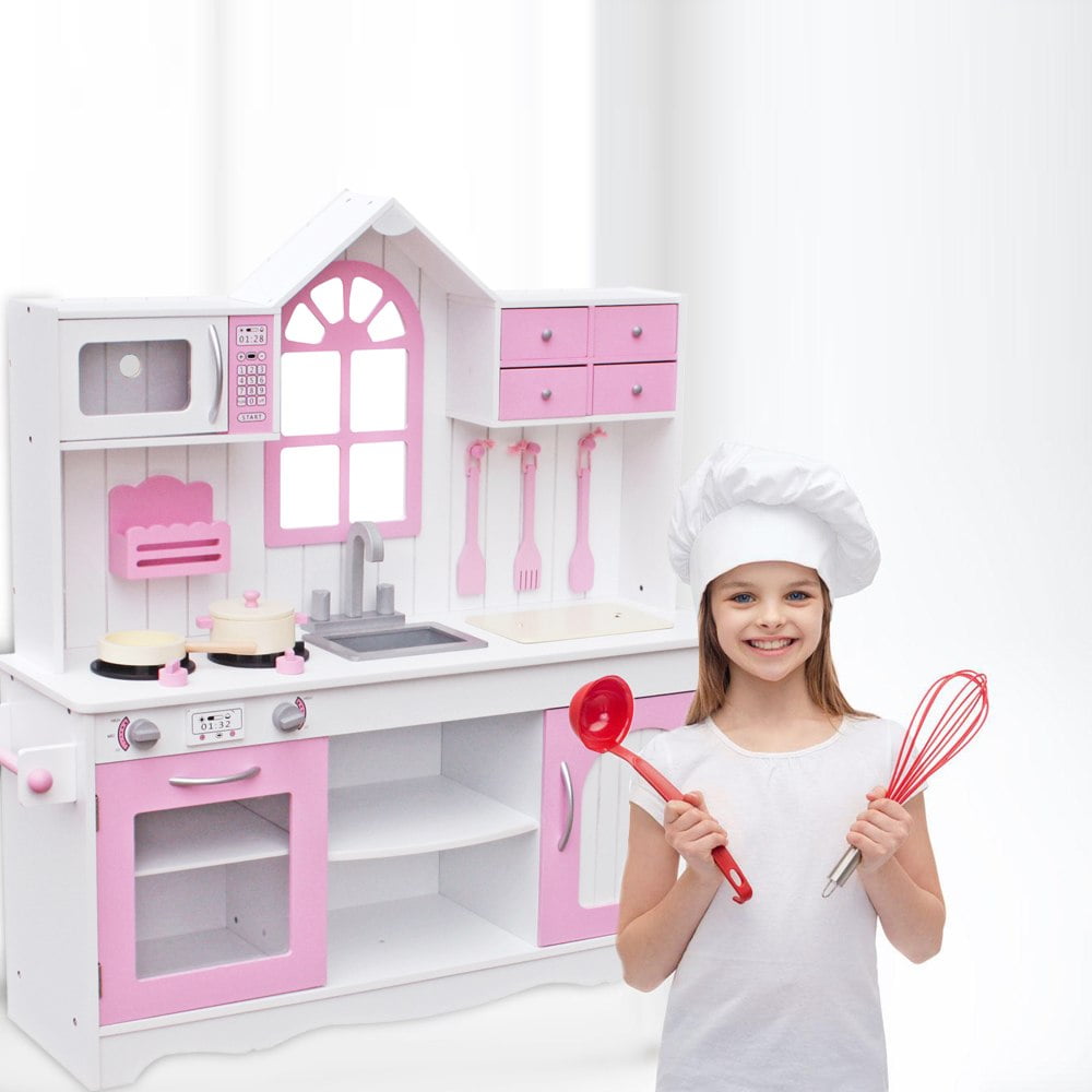 Kids Wood Kitchen Toy Cooking Pretend Play Set Toddler Wooden Playset Pink 