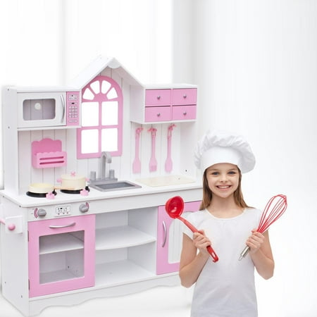 Kids Wood Kitchen Toy Cooking Pretend Play Set Toddler Wooden Playset with Kitchenware