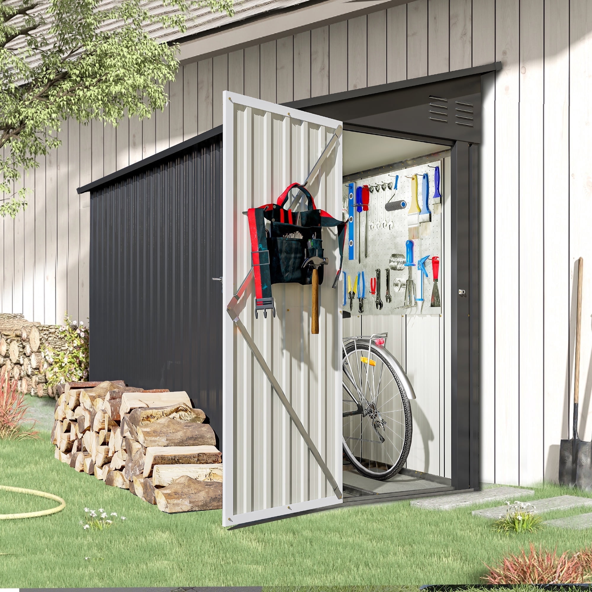Lean to Shed, 4' x 8' Metal Shed and Outdoor Storage, Sloped Top Patio Tool Shed with Lockable Door, Floor Frame, Padlock