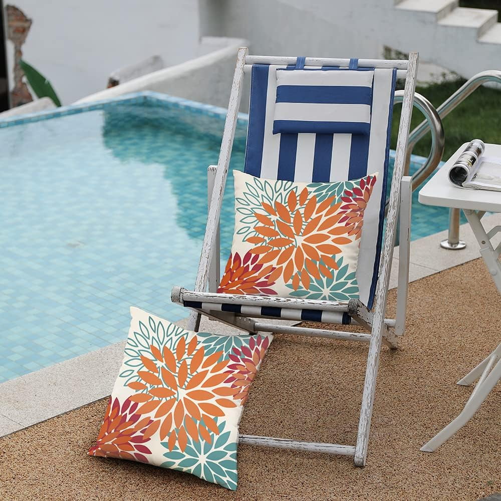 Orange Teal Red Flower Pillow Covers 22x22 Inch Set of 2 Fall Throw Pillows Outdoor Waterproof Decor for Living Room Sofa Patio Funiture Garden Floral Polyester Pillow Covers 002Y22