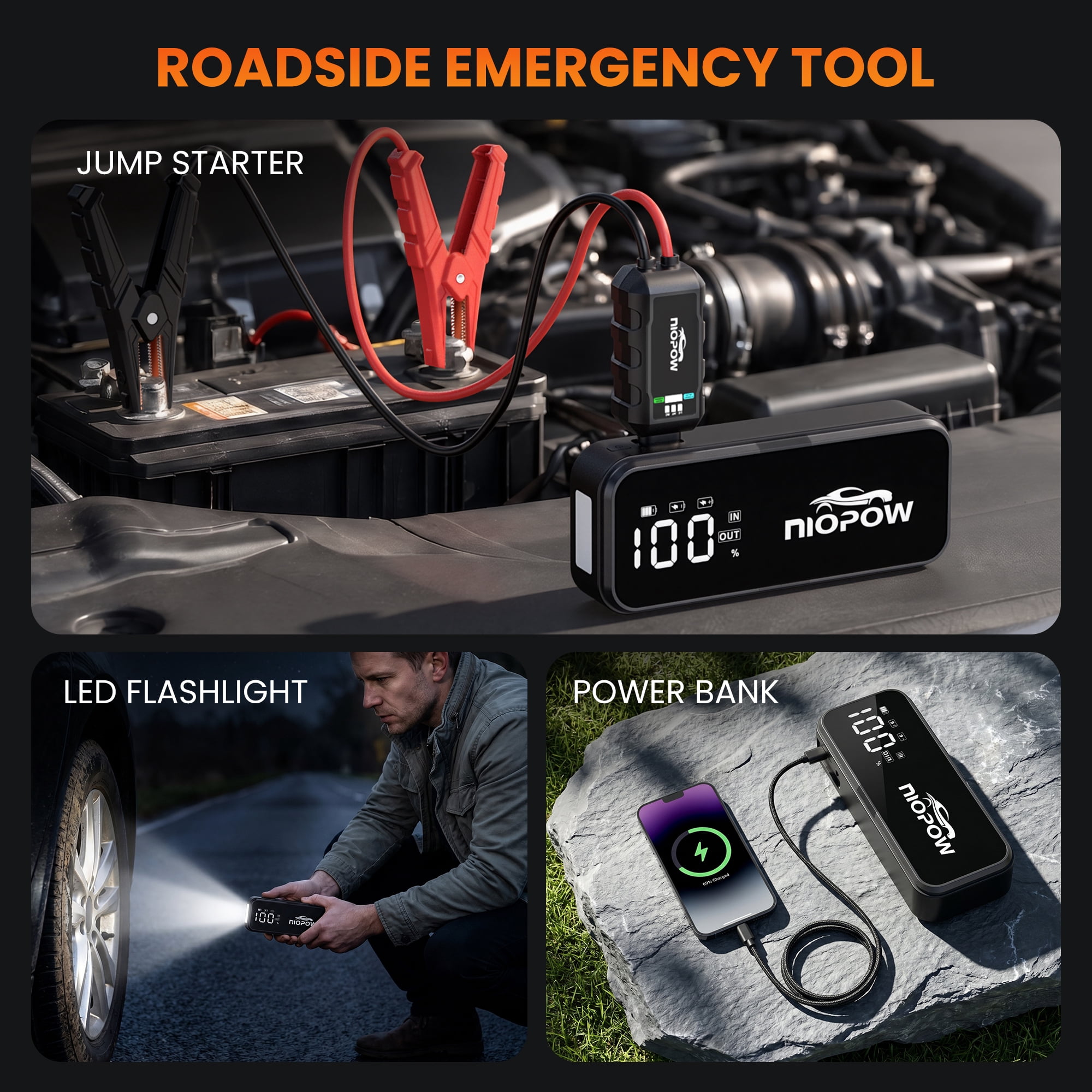 NIOPOW 5000A Car Battery Jump Starter, 12V 28800 mAh Portable Jump Pack(for 10L Gas and 10L Diesel Engines) with 3.3" Display, Emergency LED Light and Jumper Cable