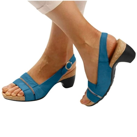 

Holiday Savings Deals! Kukoosong Womens Heeled Sandals Summer Fish Mouth Medium Thick Heel Metal Buckle Sandals Beach Sandals Blue 36