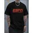 thumbnail image 3 of ESPN" Graphic Print Cotton T-Shirt for Men - Casual Crewneck, Relaxed Fit, All-Season Wear, Black with Red Logo, Machine Washable, 3 of 11