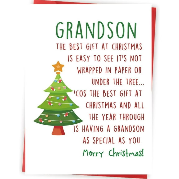 Christmas Card for Grandson – Heartwarming Greeting Card with Festive Tree Design – Blank Inside for Personal Messages – Perfect Holiday Gift for Grandson