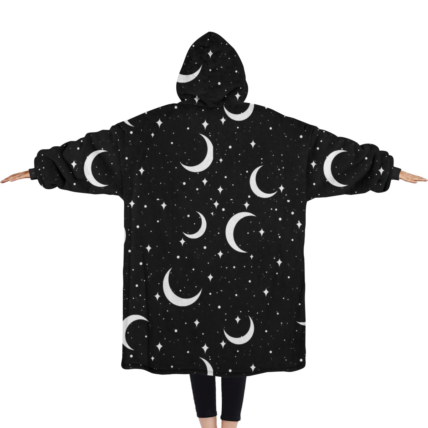 Oversized Wearable Blanket Hoodie,Black Moon Star Pattern Sherpa Blanket Hoodie with Super Pockets,Super Warm Fuzzy Pullover for Women & Men