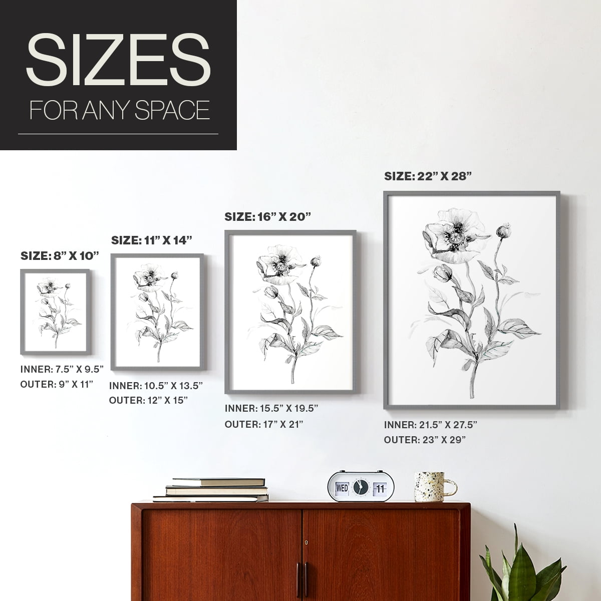 Wild Poppy Sketch Framed Print in Gray Solid Wood 22 x 28 Framed Print