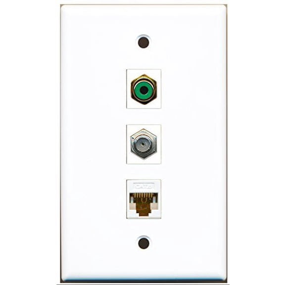 RiteAV - 1 Port RCA Green and 1 Port Coax Cable TV- F-Type and 1 Port Cat6 Ethernet White Wall Plate