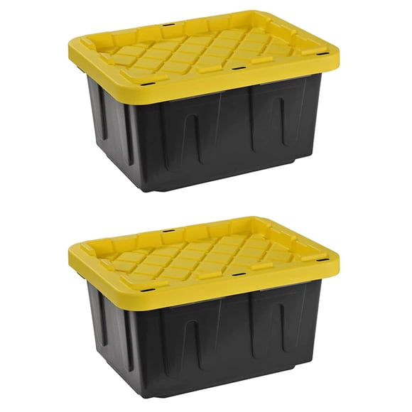 Juggernaut Storage Multipurpose 5 Gallon Lockable Plastic Storage Tote with Secure Snap Fitting Lid for Home Organization, Black/Yellow (Set of 2)