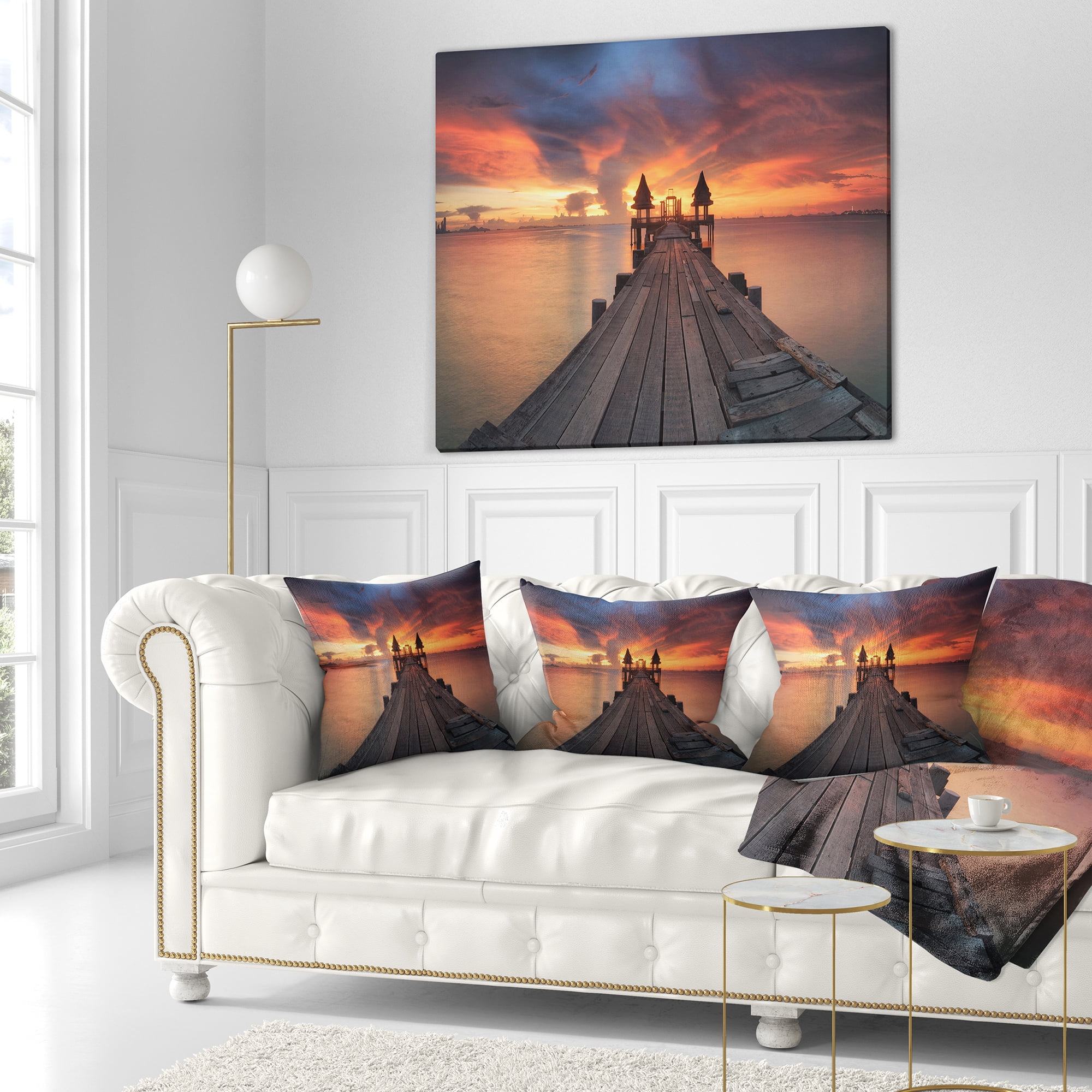 Designart Glowing Sky and Long Wooden Bridge - Pier Seascape Throw Pillow - 18x18