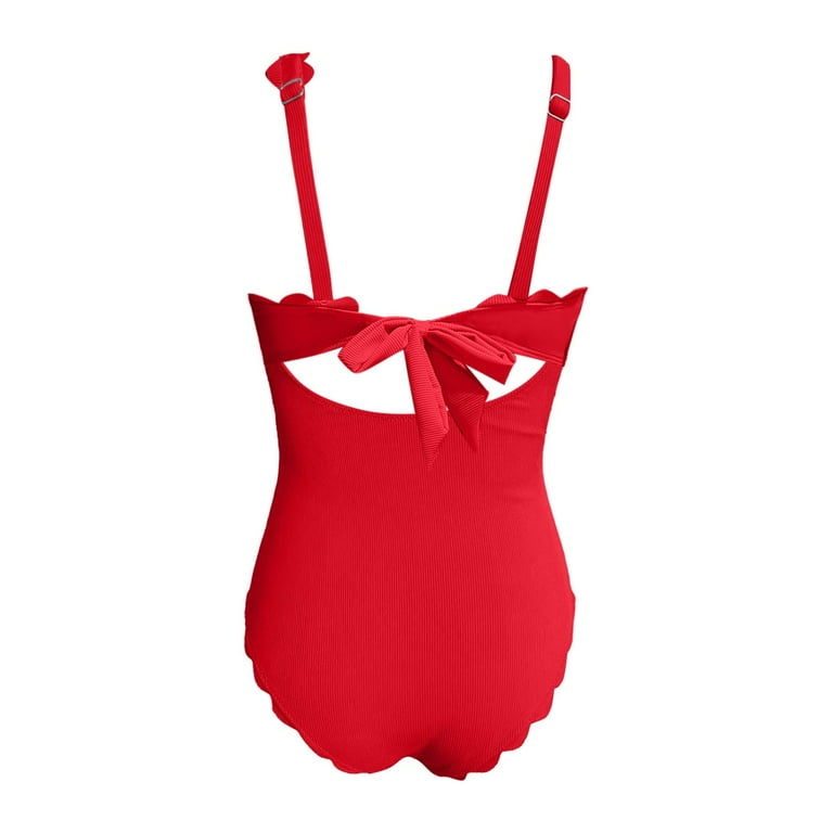 Women's One Shoulder Ribbed Scalloped Swimsuit - Cutout Back