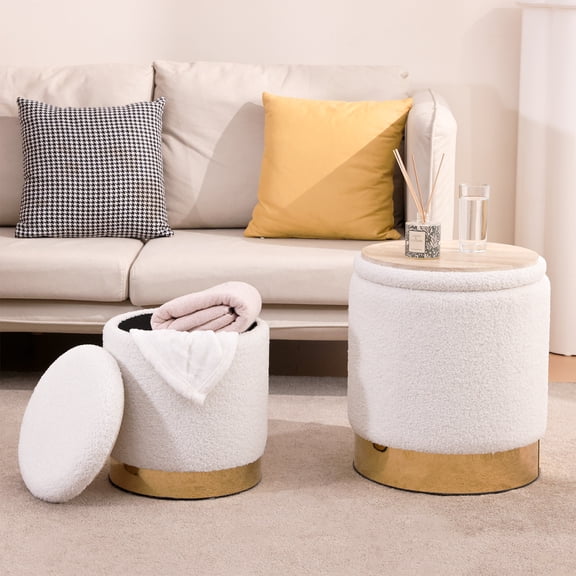 White Sherpa Round Ottoman with Storage Set of 2 Vanity Stool Foot Rest with Removable Lid for Bedroom Black Sherpa Storage Ottoman Stool for Living Room and Dorm