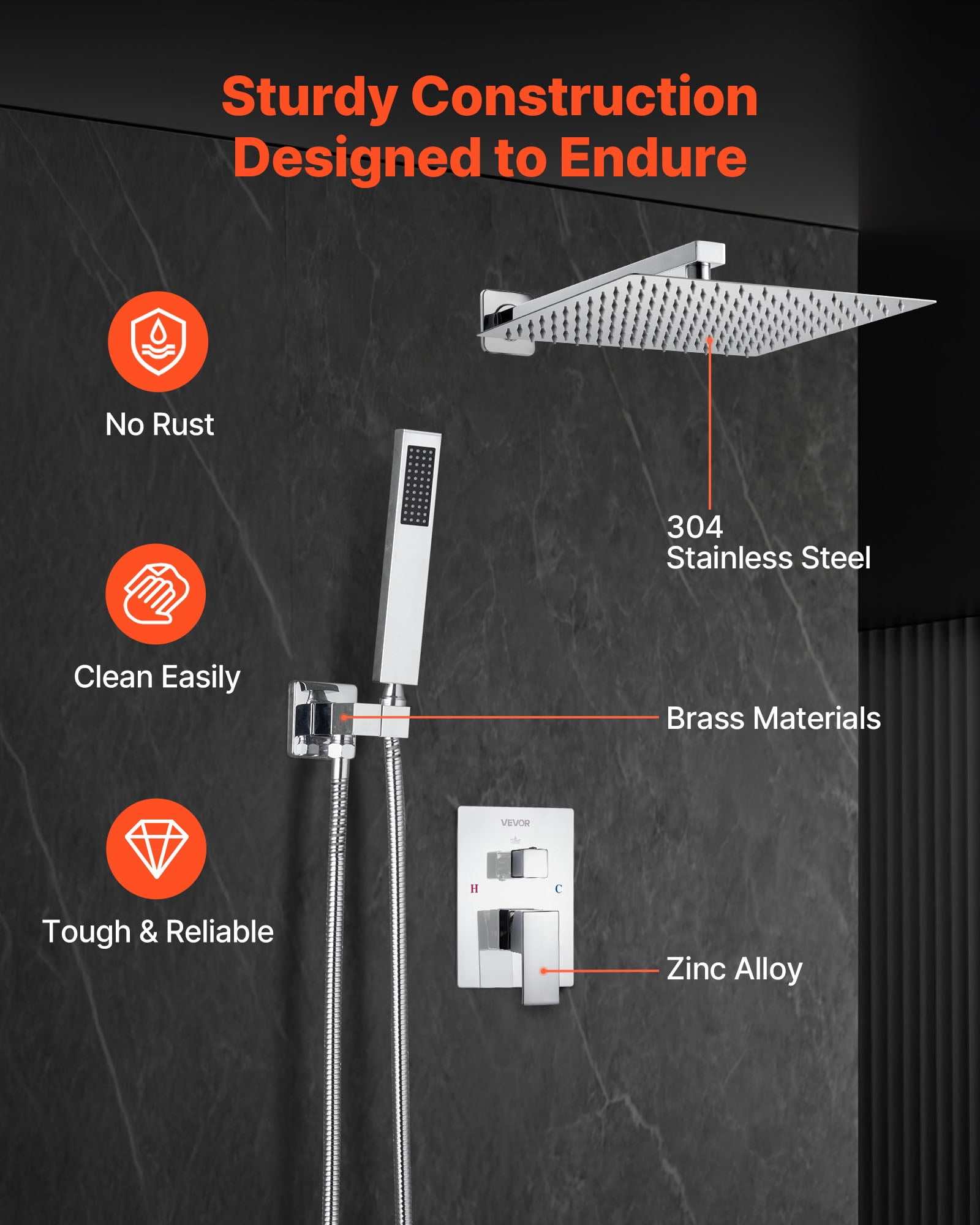 VEVOR Shower Faucet Set, Rainfall Bathroom Shower System with 12-Inch Square Rain Shower Head and Handheld Spray, Wall Mounted Bath Fixtures with Brass Valve and Trim Kit, Silver Chrome