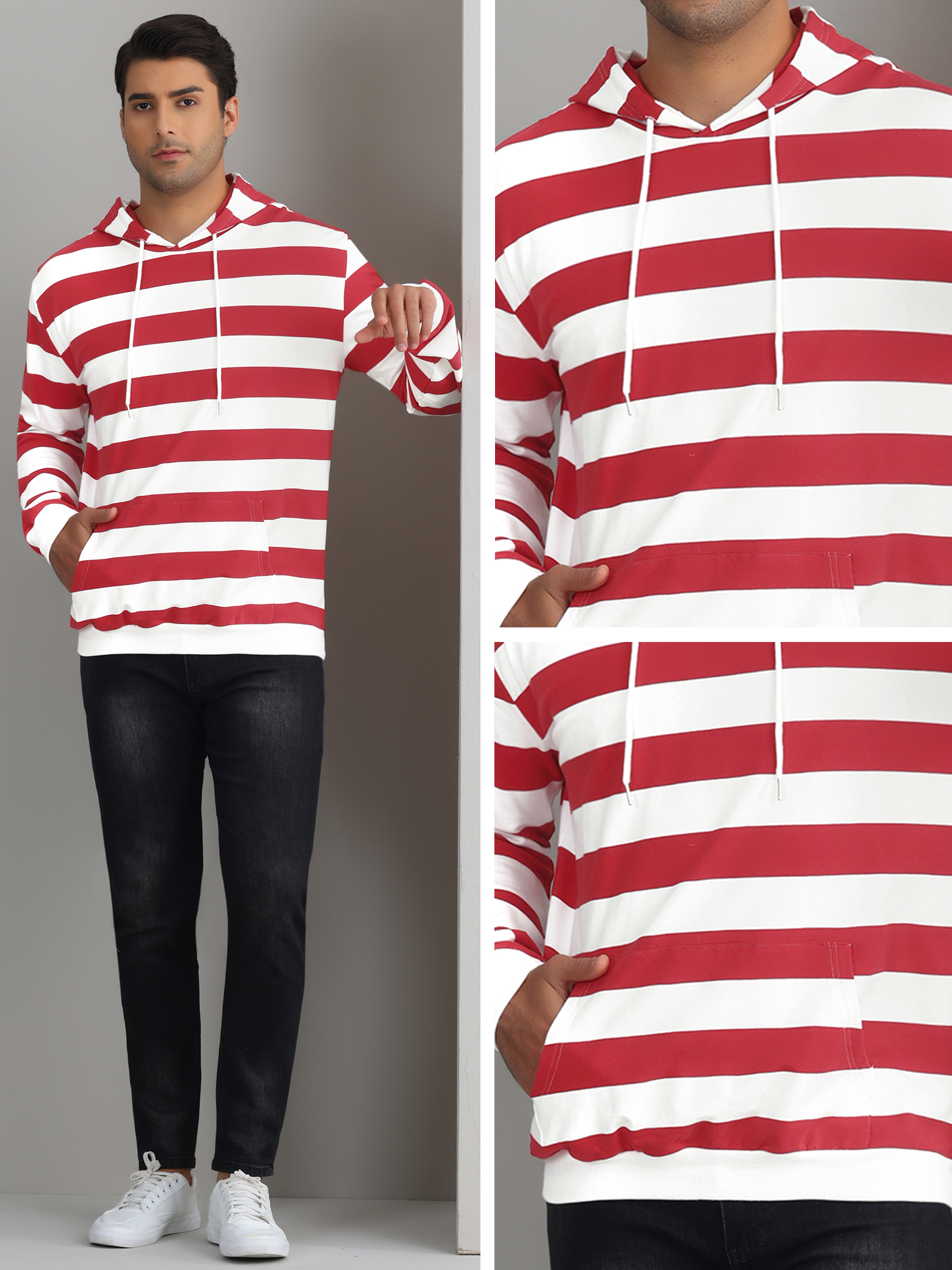 DARING DIVA Men's Striped Long Sleeves Drawstring Pullover Sweatshirts Hoodie L Red White