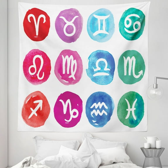 Zodiac Tapestry, Watercolor Effect Rounds with Horoscope Astrological Items on a Plain Background, Fabric Wall Hanging Decor for Bedroom Living Room Dorm, 5 Sizes, Multicolor, by Ambesonne