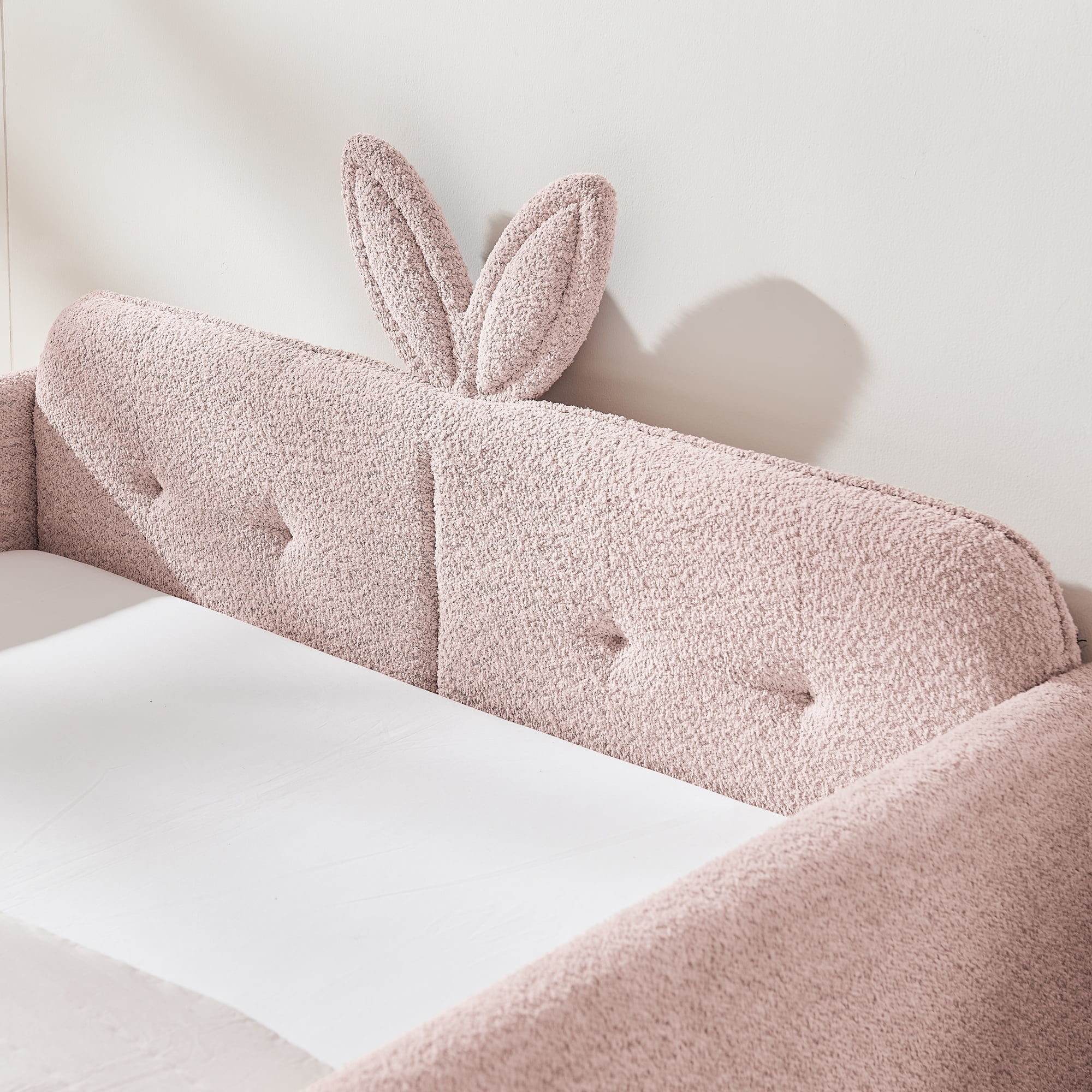 T-Joy Cute Kids Bed with Rail and Pocket, Boucle Wooden Platform Bed with Rabbit Ear, Full Size, Pink