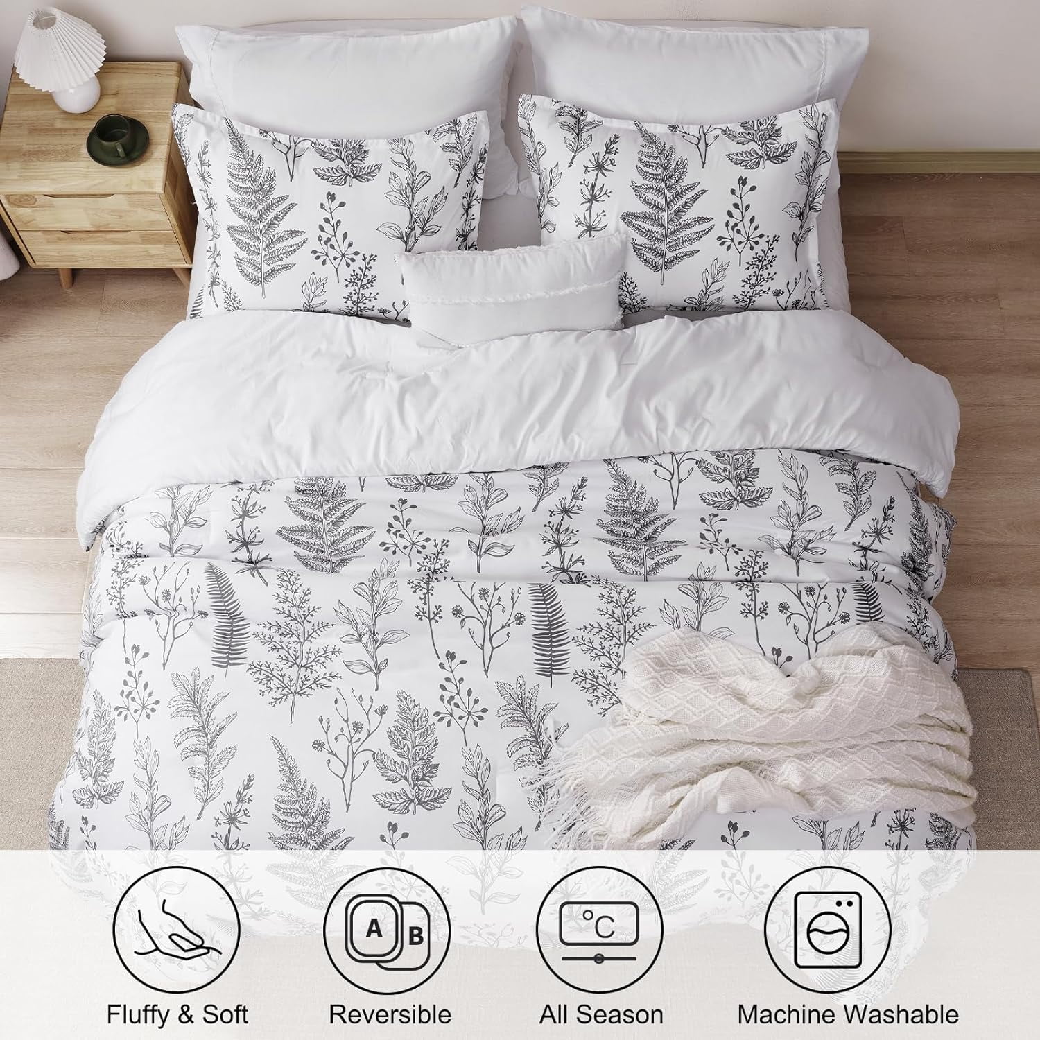 PHF 5 Pieces Printed Twin Comforter Set, Lightweight Reversible Botanical Bedding Set Include Comforter, Pillow Sham, Flat Sheet, Fitted Sheet and Pillowcase, White