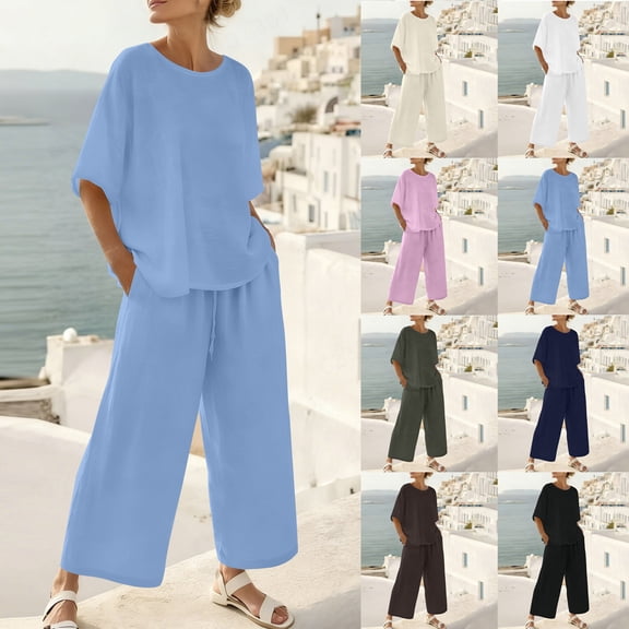 VBVC Women's 2 Piece Linen Set,Ladies Batwing Sleeve Loose Top,High Waist Drawstring Wide Leg Pants For Women,Light Blue,S-2XL