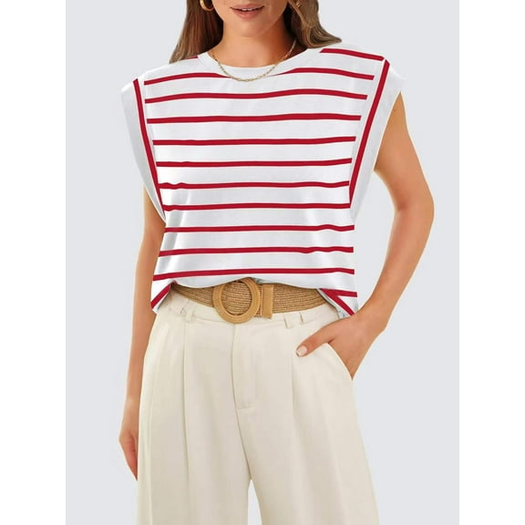 Striped Round Neck Cap Sleeve T-Shirt