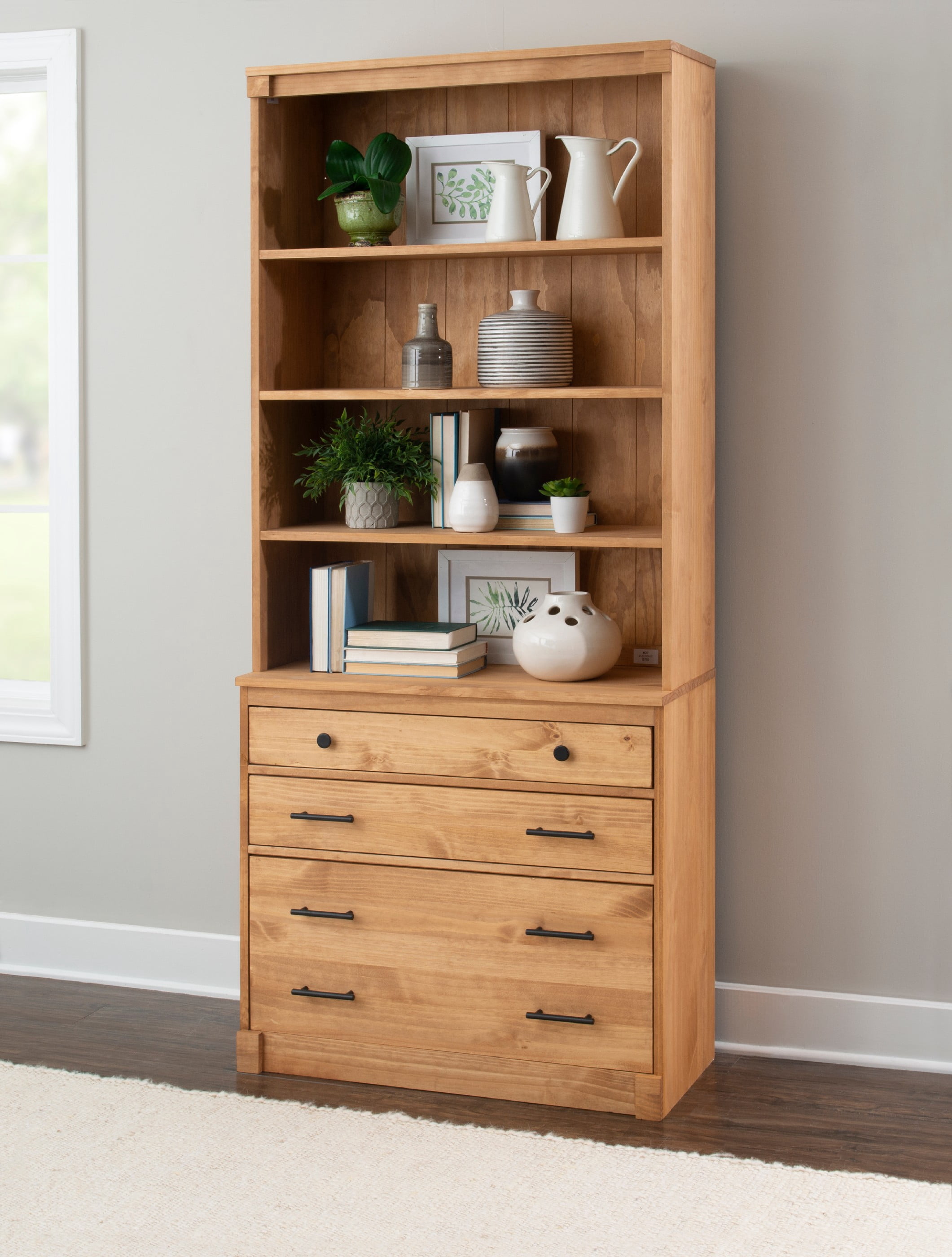 Linon Vikki 3-Shelf Bookcase Hutch, Rustic Honey