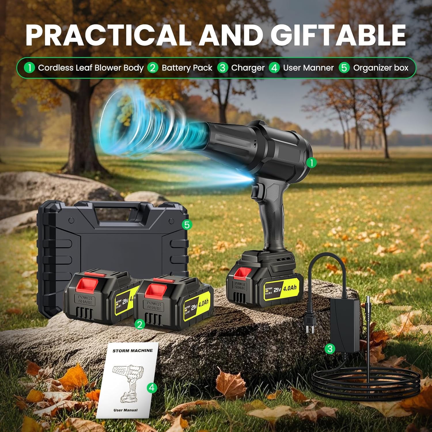 21V Cordless Leaf Blower, 980,000 RPM Handheld Blower with 2 Batteries & Charger, 110+ MPH Wind Speed, Lightweight 1.12 lbs for Lawn, Patio, Deck, Garage Cleaning
