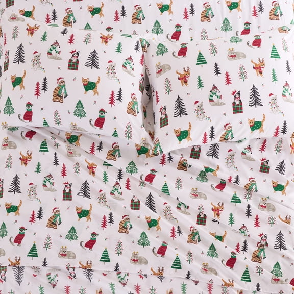 Levtex Home - Meowy Christmas Sheet Set - Twin - Flat Sheet (66x96 3in) Fitted Sheet (39x75 12in) One Pillowcase (21x30 3in)- Festive Cats, Christmas Trees & Gifts - White, Red & Green - Microfiber