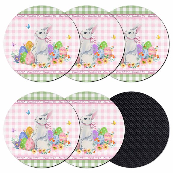 Easter Coasters Set of 6, Absorbent Coasters for Drinks, Spring Watercolor Easter Eggs Bunny Pink Green Plaid Coaster for Desk Coffee Table Protection, Home Decor House Warming Gifts 4"