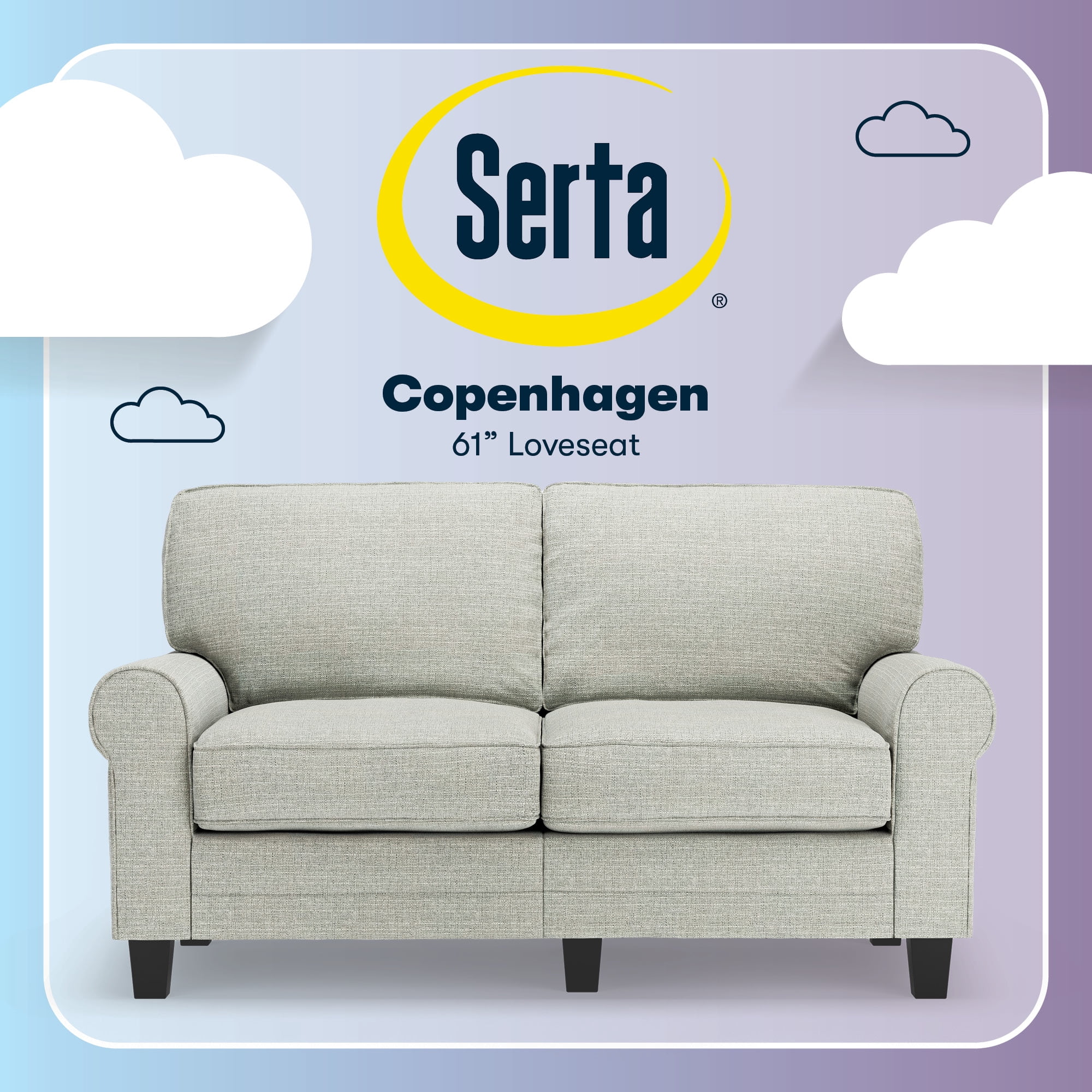 Serta Copenhagen 61" Rolled Arm Sofa, Easy Care Polyester, Loveseat or Couch for Small Spaces, Living Rooms or Bedrooms, Pebble Gray