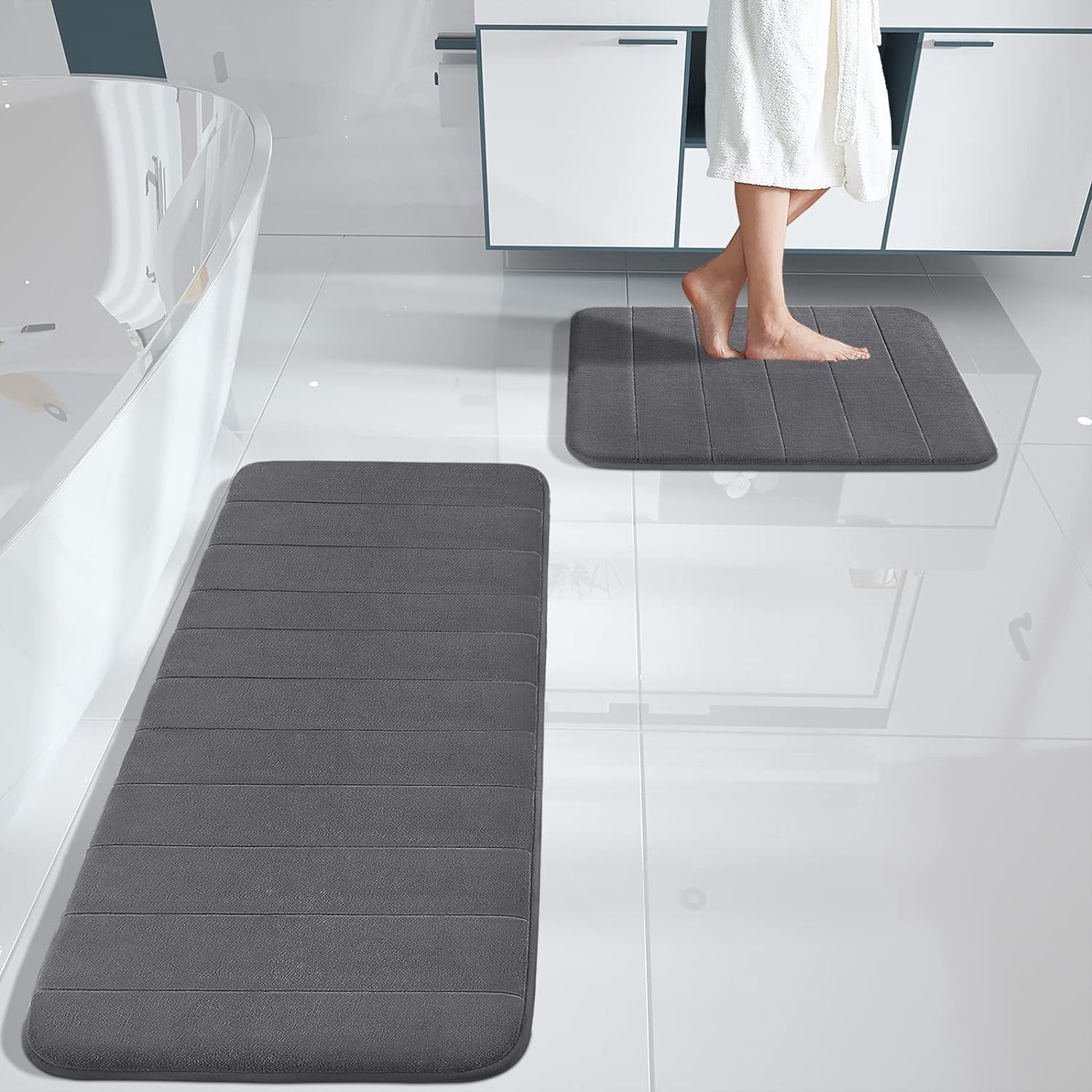 2 Piece Memory Foam Bath Mat Set Thick Bathroom Rugs Soft Bath Mats for Bathroom Extra Absorbent Floor Mats Bath Rugs Set for Kitchen/Living Room(20" x 32"/17" x 24", Dark Gray)