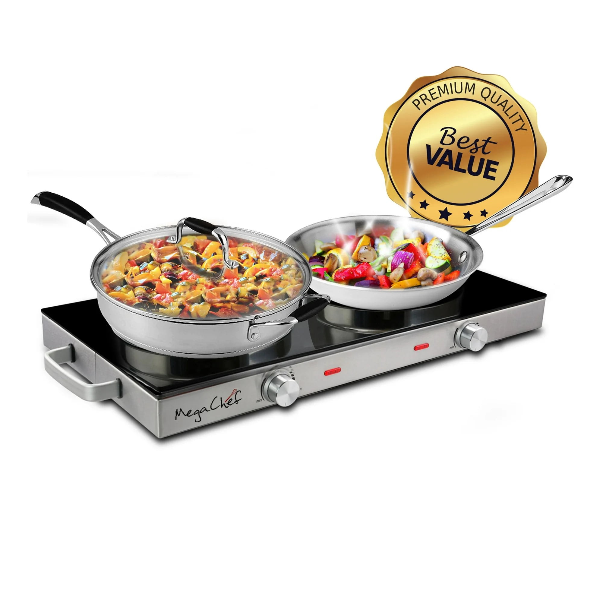 MegaChef Ceramic Infrared Double Electric Cooktop – Dual Burner, Portable Countertop Cooktop with Adjustable Heat Control, Easy Clean Glass Top & Stainless Steel Body