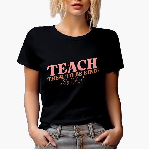 Teach Them to Be Kind Quote feat. Smiling Faces Art, Teacher Merch Gift, Black T-Shirt, Small