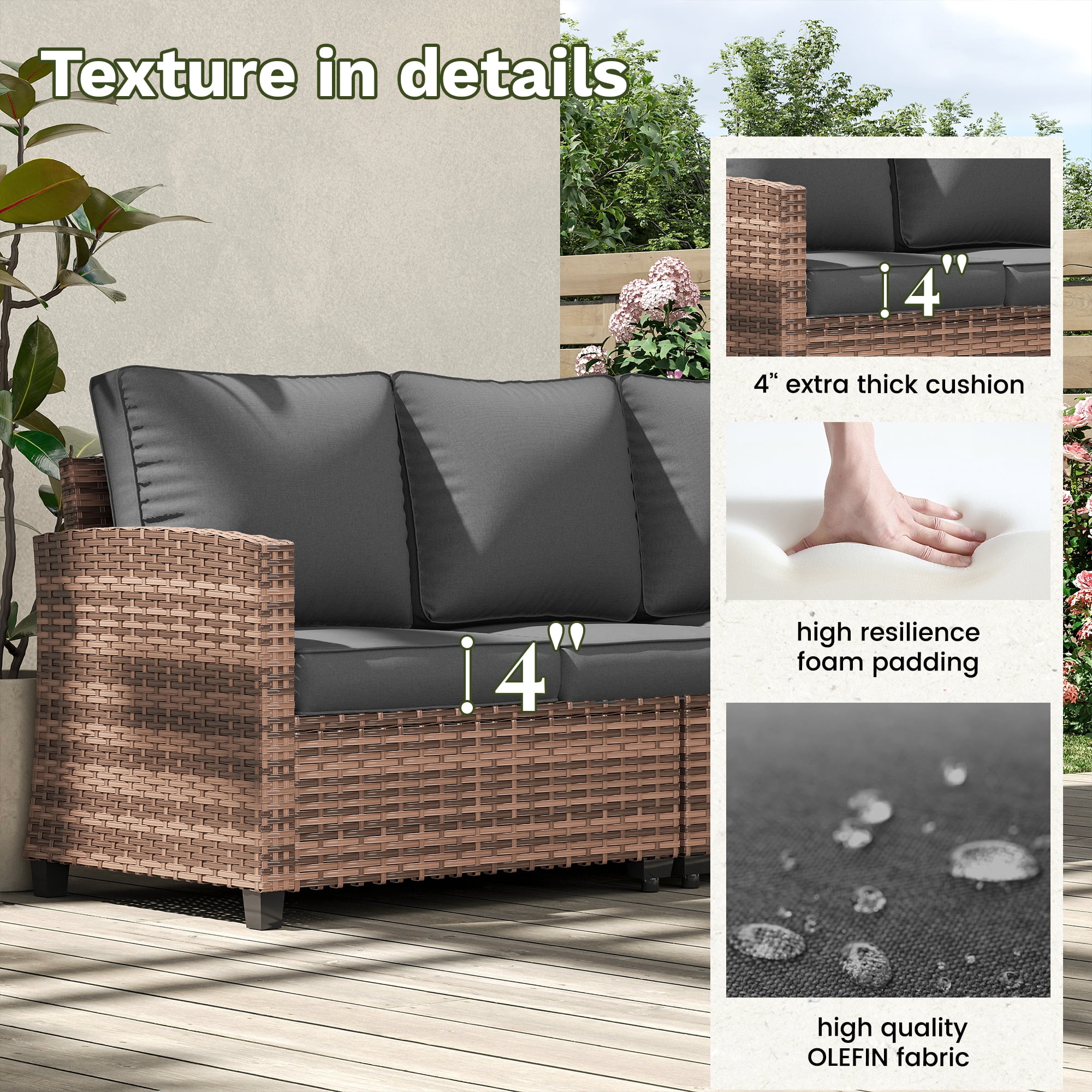 Poteban Patio Conversation Set, 5 Pieces Outdoor Furniture Set, All-Weather Wicker Rattan High Back Outdoor Sectional Sofa Set with Ottoman for Poolside, Backyard, Brown Wicker Dark Grey Cushions