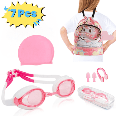 QINIUXO Kids Pink Swimming Goggles Set,with Swim Goggles,Swim Cap,Swimming Earplugs,Swimming Nose Clip and Unicorn Kids Swim Bags,Swimming Goggles Set for Girls,Youth Goggles for Kids 5-12