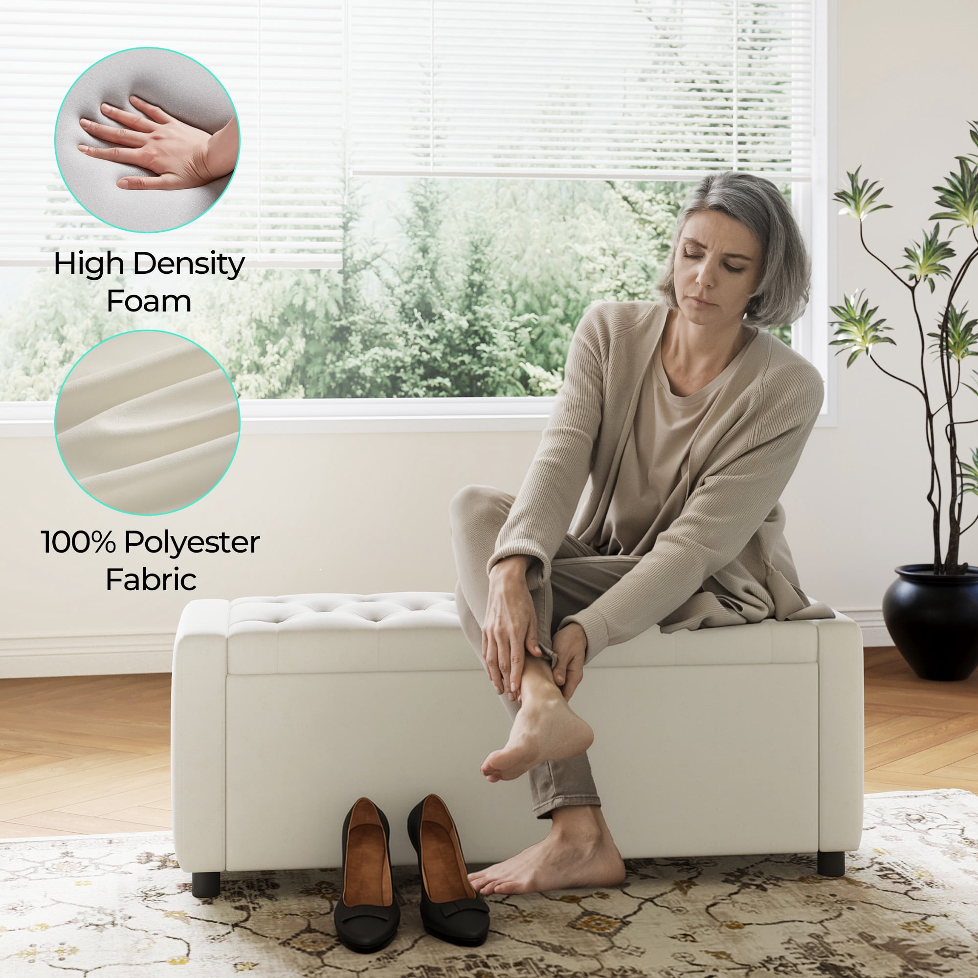 Linsy Home 50" Ottoman with Storage for Living Room, Velvet Storage Ottoman Bench with Gas Lift, Beige