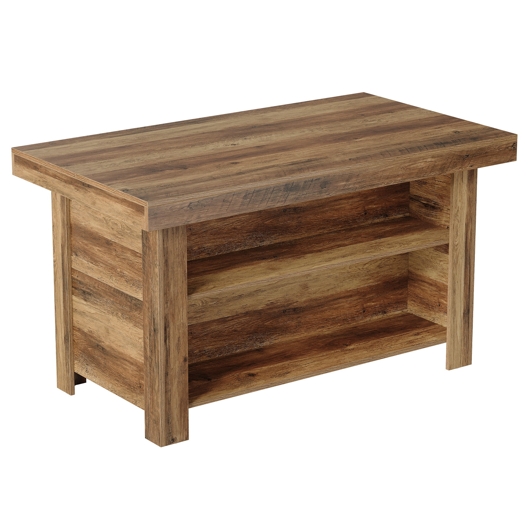 Finmind 3-Tier Farmhouse  Kitchen Island with Storage Shelf, 55-Inch Wooden Stationary Island Table with Large Worktop for Kitchen, Rustic Brown