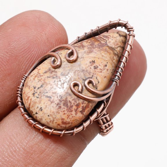 Picture Jasper Gemstone Copper Ring Handcrafted Wire Wrap Gift Jewelry 6.75"