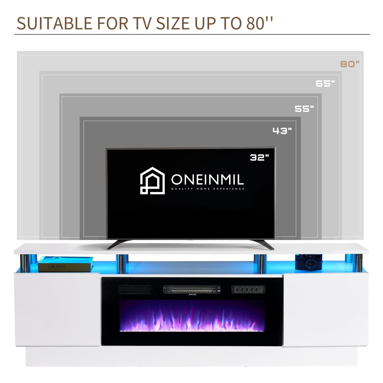 Easoger Fireplace TV Stand, Entertainment Center for TVs up to 80", 70” TV Stand with 36'' Electric Fireplace, LED Lights Entertainment Center, TV Console, White