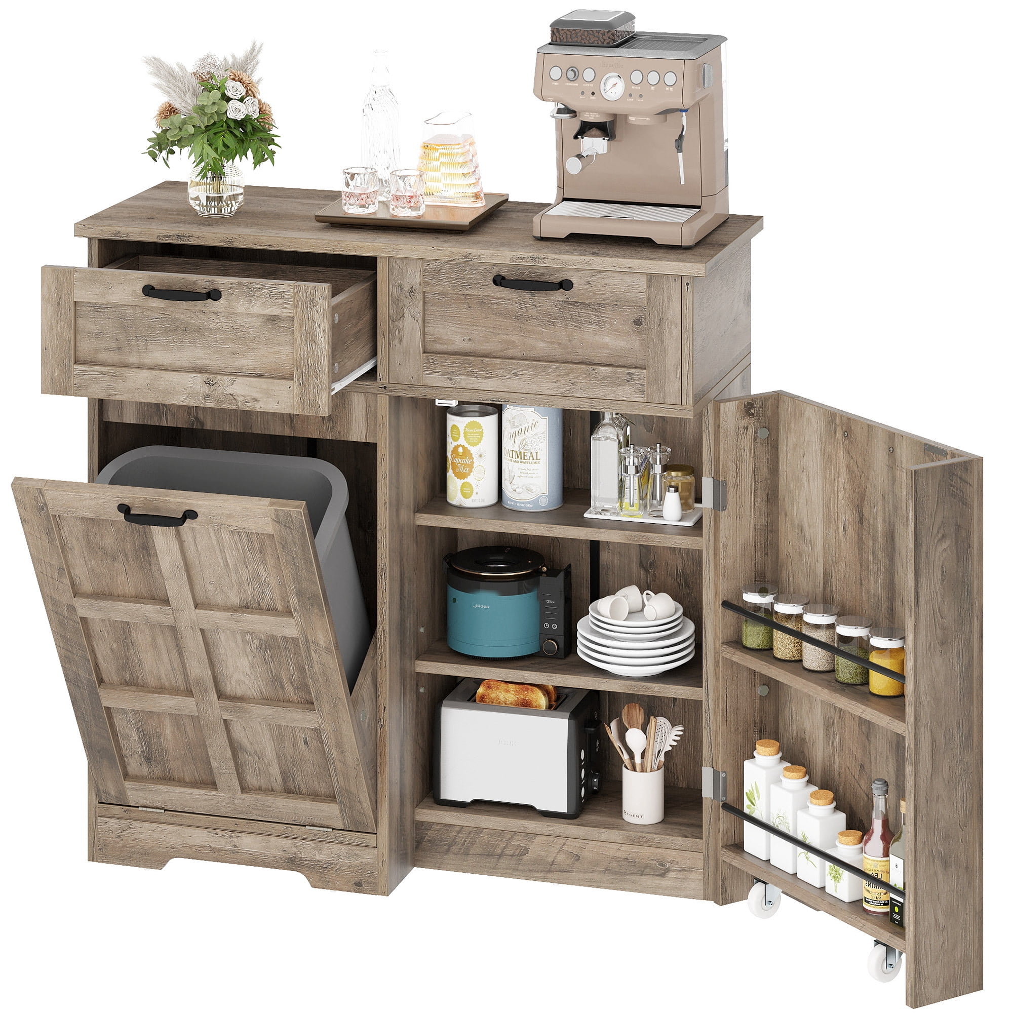Uforic Kitchen Storage Buffet Cabinet for 10-gal Trash Bin, Tilt Out Trash Cabinet with Drawers & Shelves, Wash Gray