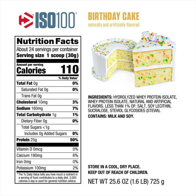 Dymatize ISO 100 Whey Protein Powder with 25g of Hydrolyzed 100% Whey  Isolate, Gluten Free, Fast Digesting, Birthday Cake, 1.6 Pound