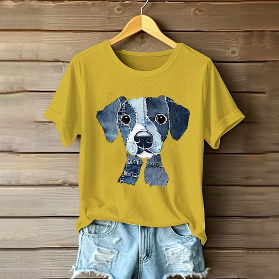Womens Summer T-Shirts Tops Retro Denim Patch Art Dog Print T-Shirt Dog Lover Shirts Casual Fashion Short Sleeve Crewneck Blouses Pullover
