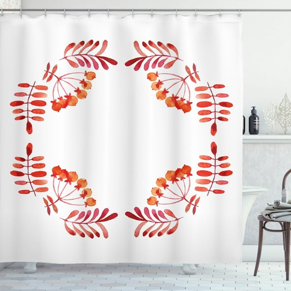Ambesonne Rowan Shower Curtain, Leaves Fruits, 69"Wx75"L, Red Orange White