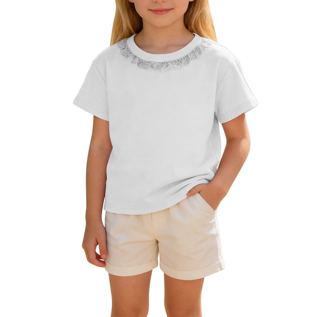 Zpanxa T-Shirts pour Tout-Petites Filles Unis à Bord Festonné Manches Courtes Col Rond Haut Décontracté en Coton 8 Ans