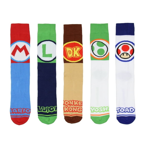 Nintendo Super Mario Bros. Adult Character Inspired Designs 5-Pair Crew Socks Mid-Calf For Men And Women