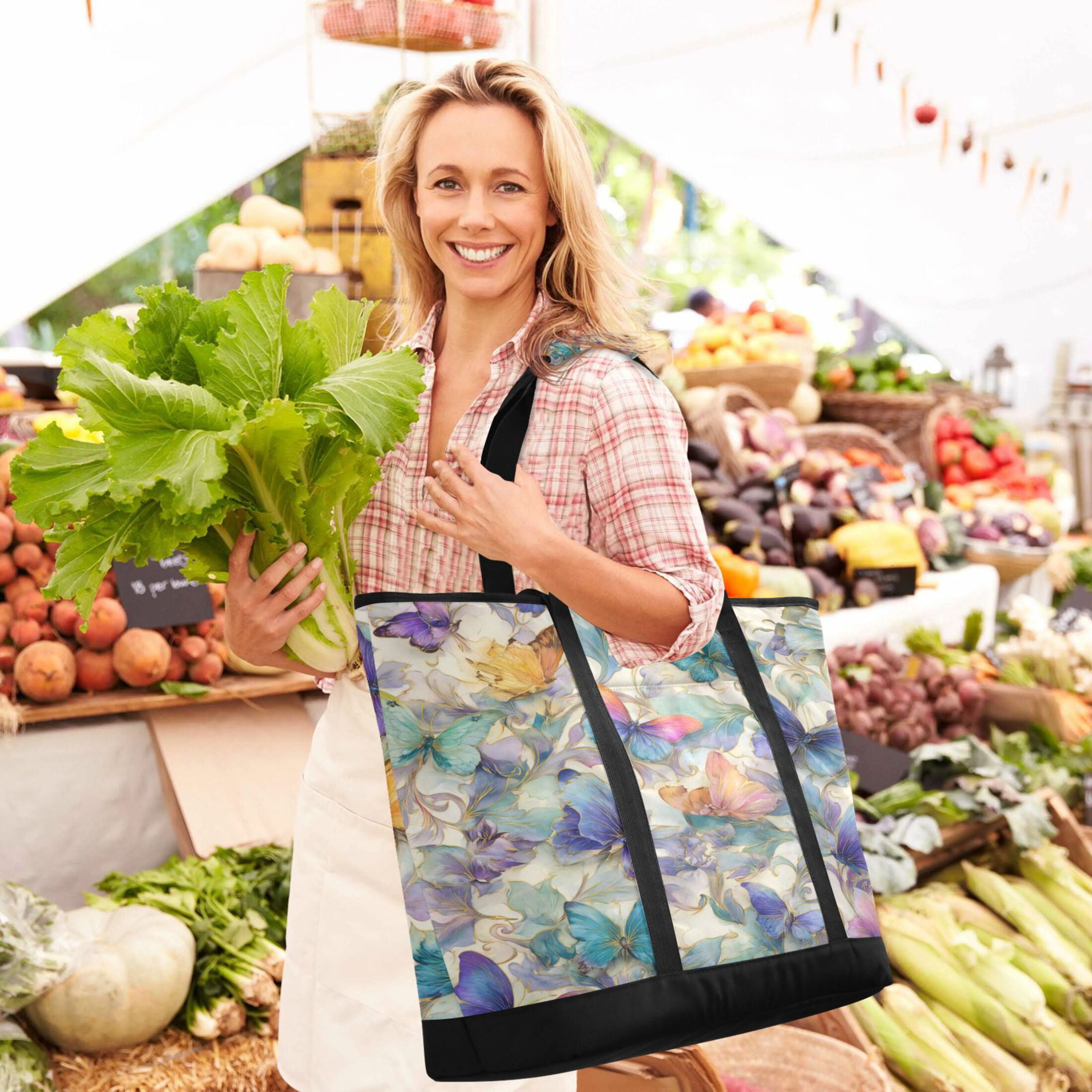 Extra-Large Wide Opening Design Capacity Hand-Held Ice Pack Thickened Insulation Layer For Long-Lasting Cold Retention For Outdoor Shopping Picnics And Camping Elegant Watercolor Butterfly Painting