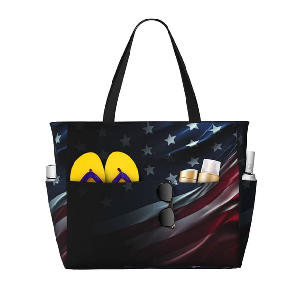 Disketp American Flag Waving Print Bolsa de Playa de Gran Capacidad, Bolso Impermeable y a Prueba de Arena para Mujer, Ideal para Playa, Piscina y Natación
