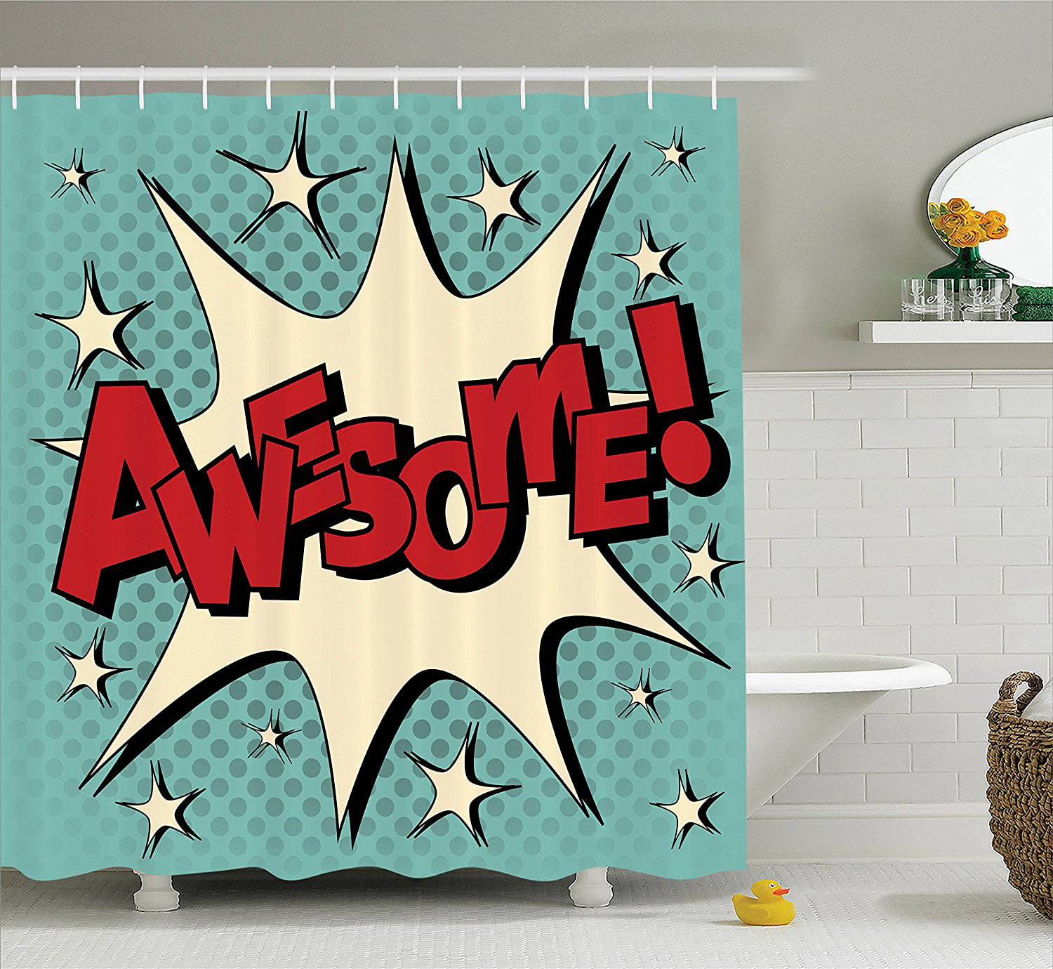 Comic Bubble in Pop Art Style with Awesome and All Star Icon Humor Cartoon 60x72 inches Extra Long Polyester Fabric Bathroom Shower Curtain Vintage Decor Collection Yellow Red Blue 